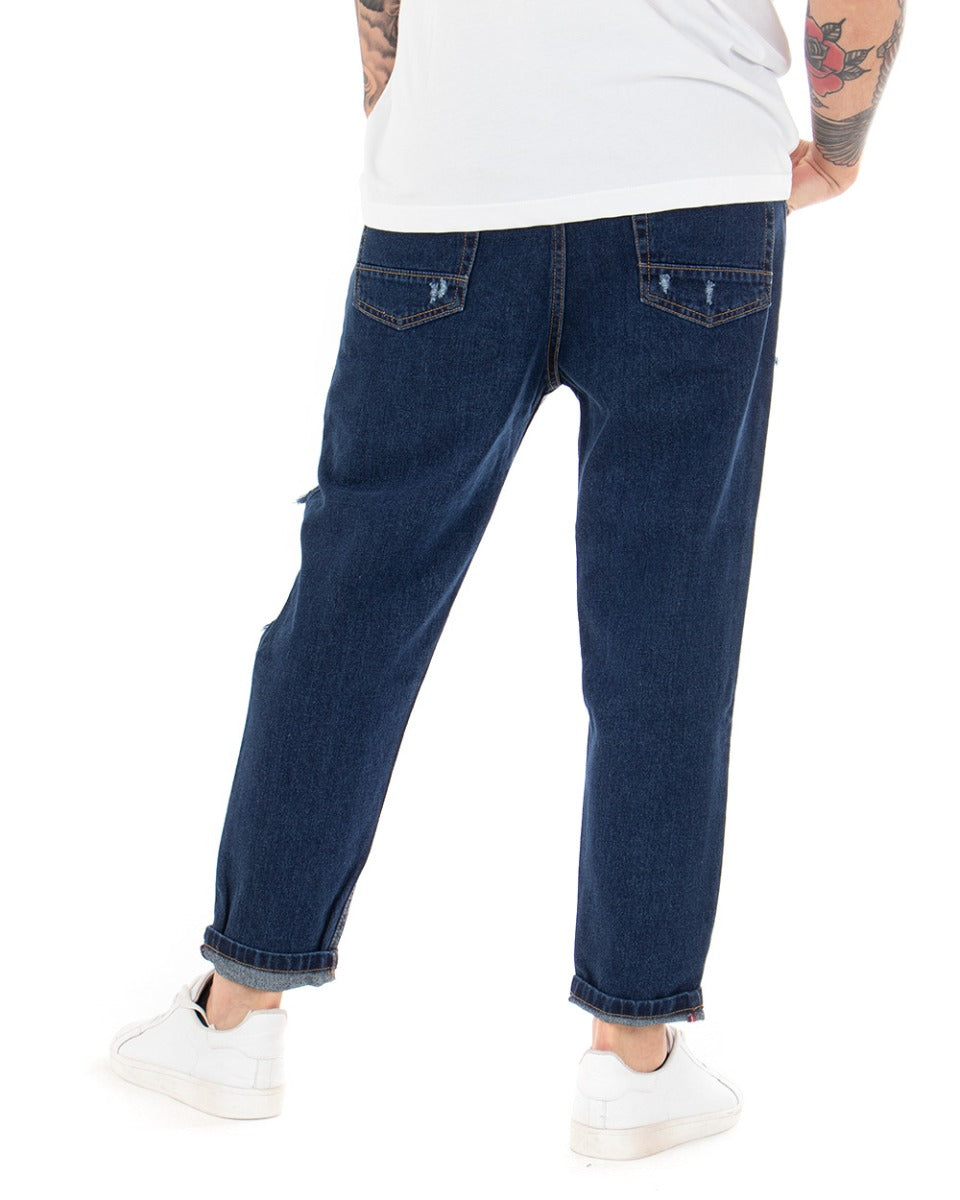 Pantaloni Jeans Uomo Loose Fit Con Rotture Sfrangiato Basic Classico Cinque Tasche Casual Blue Denim GIOSAL-P5064A