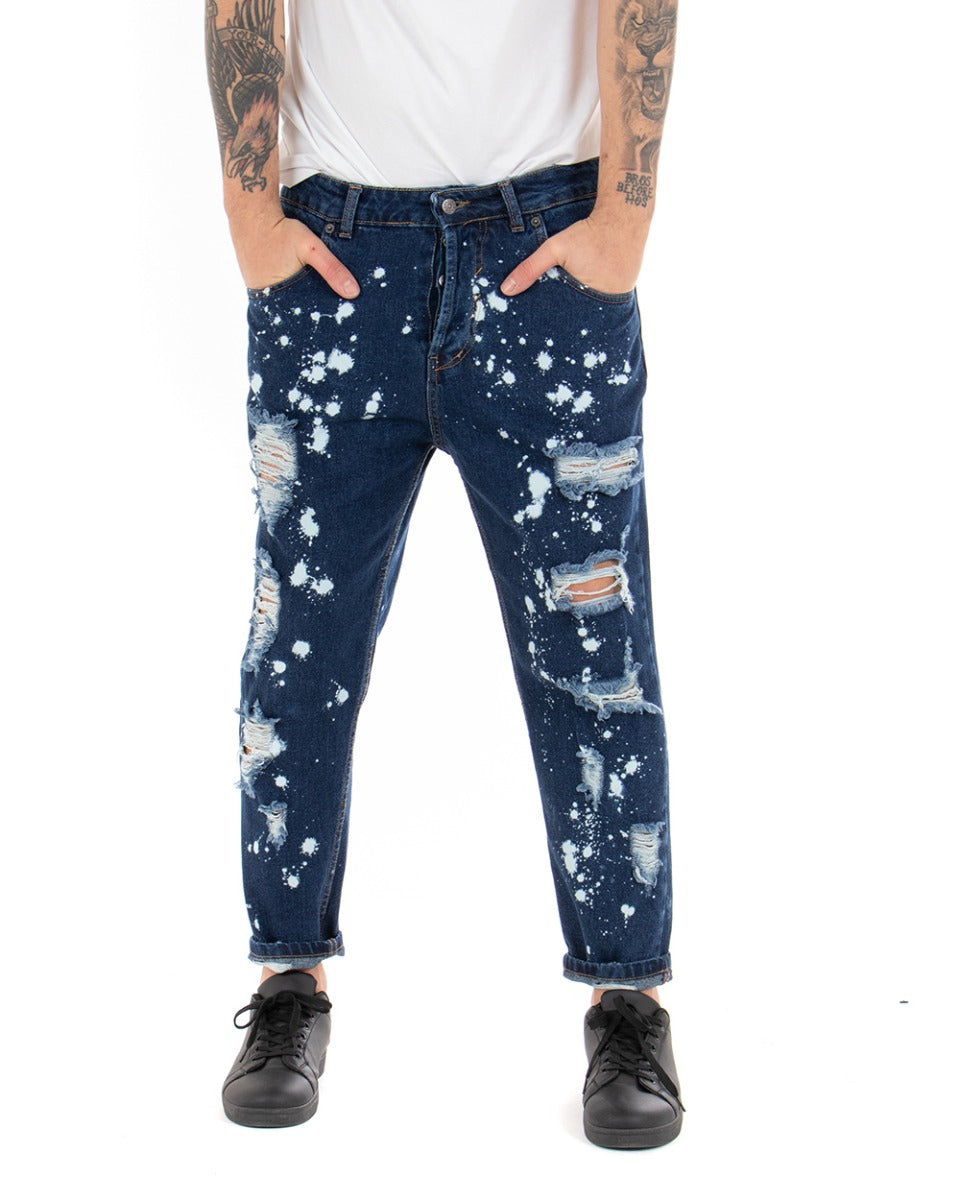Pantaloni Uomo Jeans Loose Fit Con Rotture Sfrangiato E Macchie Pittura Classico Cinque Tasche Casual Denim Scuro GIOSAL-P5065A