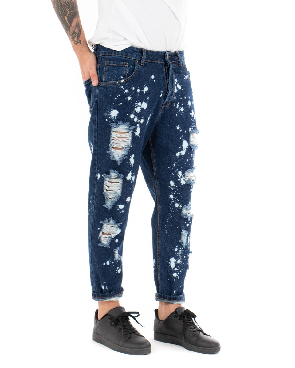 Pantaloni Uomo Jeans Loose Fit Con Rotture Sfrangiato E Macchie Pittura Classico Cinque Tasche Casual Denim Scuro GIOSAL-P5065A