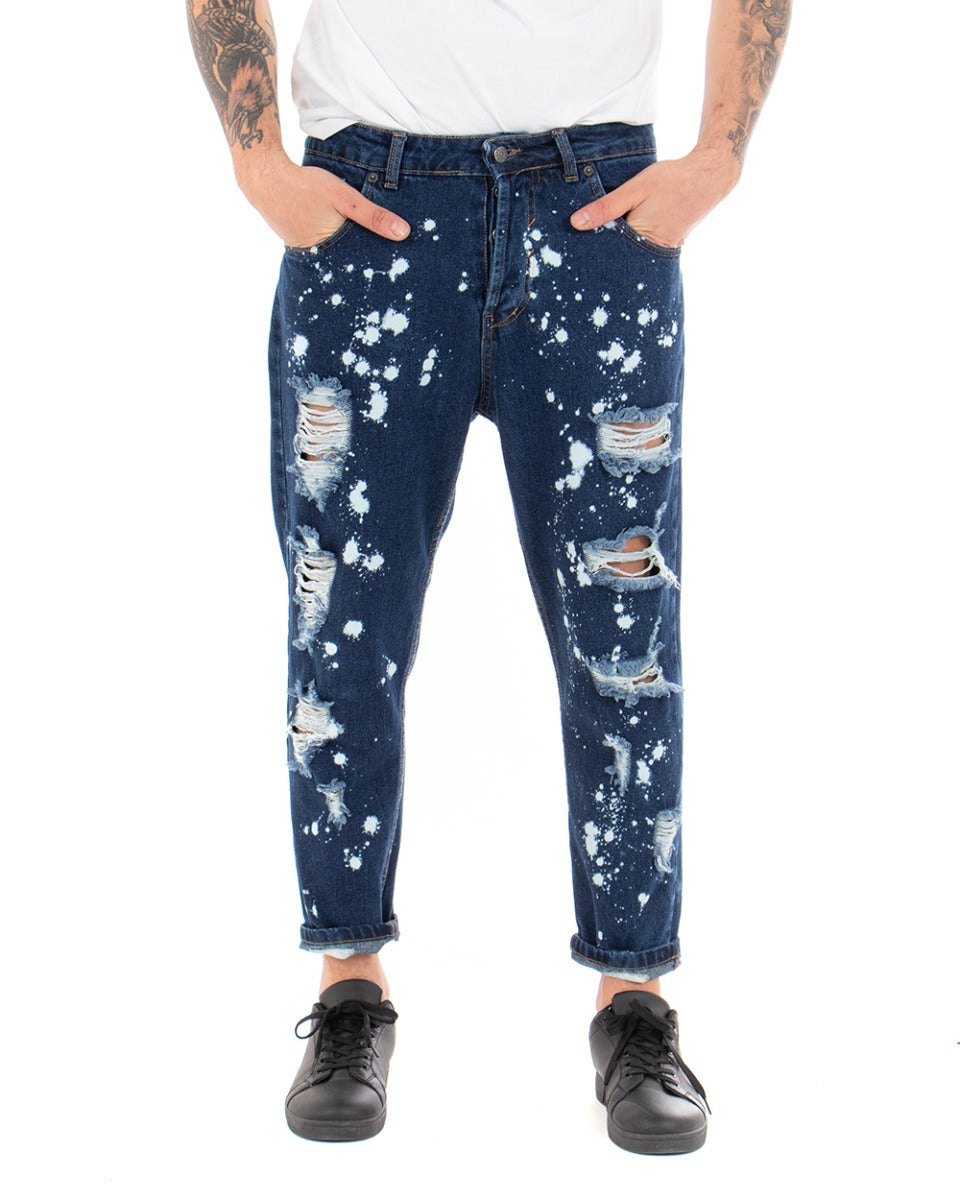 Pantaloni Uomo Jeans Loose Fit Con Rotture Sfrangiato E Macchie Pittura Classico Cinque Tasche Casual Denim Scuro GIOSAL-P5065A
