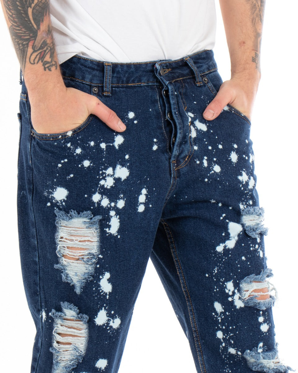 Pantaloni Uomo Jeans Loose Fit Con Rotture Sfrangiato E Macchie Pittura Classico Cinque Tasche Casual Denim Scuro GIOSAL-P5065A