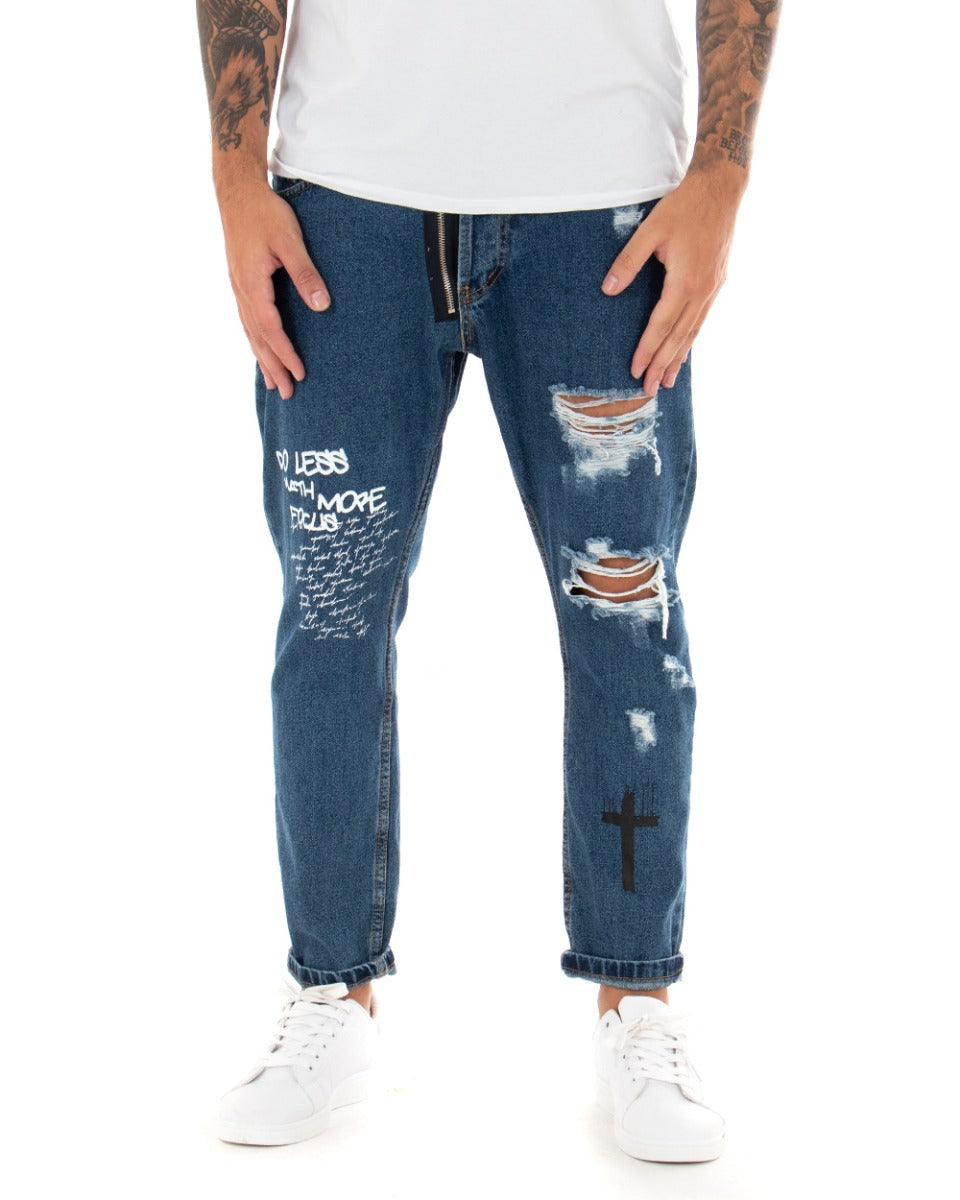 Pantaloni Jeans Uomo Loose Fit Denim Scuro Cinque Tasche Stampa GIOSAL-P5101A