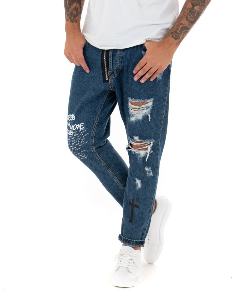 Pantaloni Jeans Uomo Loose Fit Denim Scuro Cinque Tasche Stampa GIOSAL-P5101A