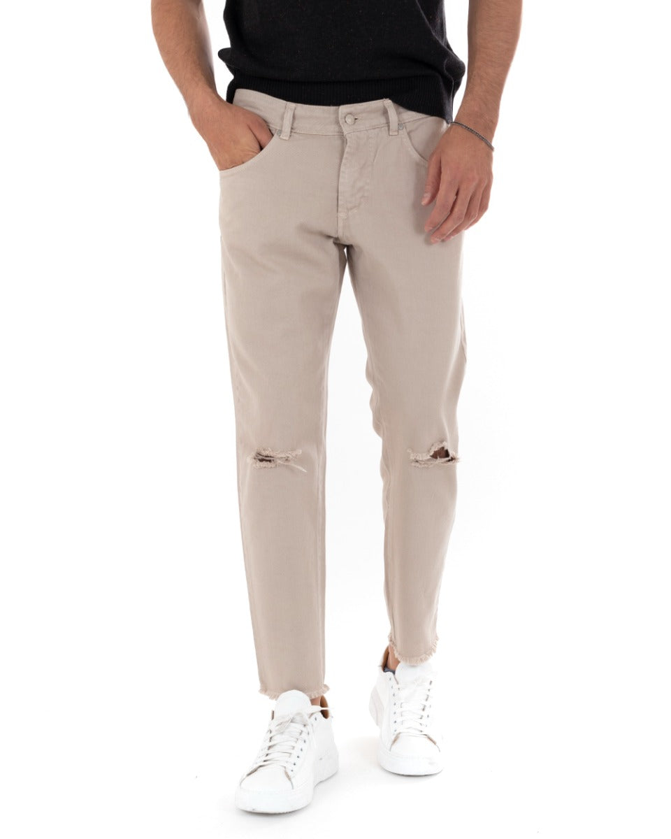 Pantaloni Jeans Uomo Slim Fit Beige Basic Con Taglio Al Ginocchio Cinque Tasche Casual GIOSAL-P5180A
