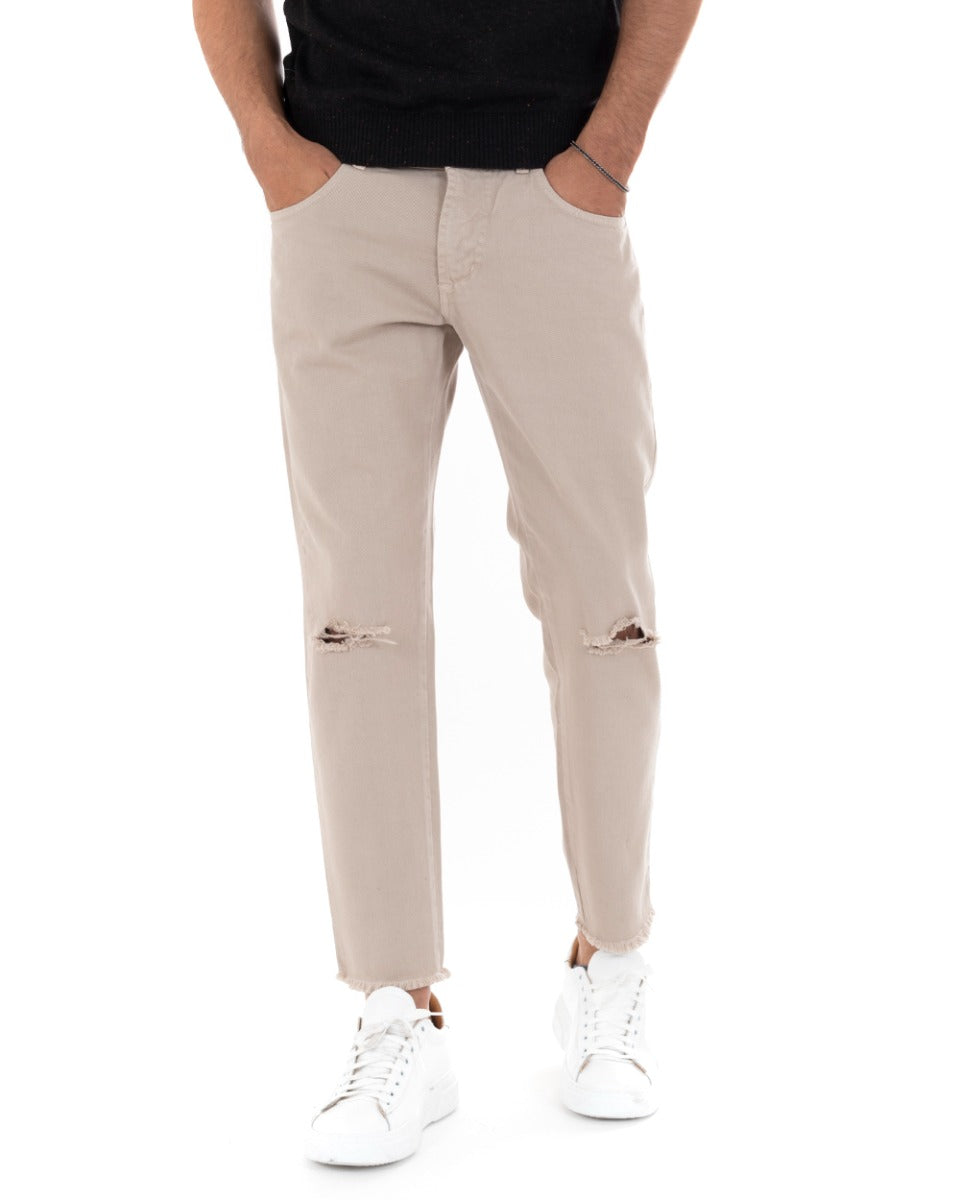Pantaloni Jeans Uomo Slim Fit Beige Basic Con Taglio Al Ginocchio Cinque Tasche Casual GIOSAL-P5180A