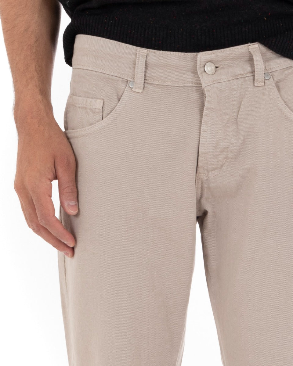 Pantaloni Jeans Uomo Slim Fit Beige Basic Con Taglio Al Ginocchio Cinque Tasche Casual GIOSAL-P5180A