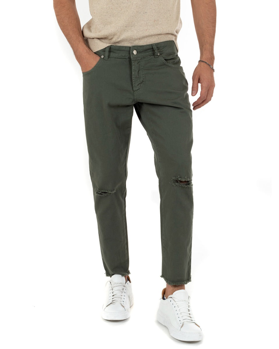 Pantaloni Jeans Uomo Slim Fit Verde Basic Con Taglio Al Ginocchio Cinque Tasche Casual GIOSAL-P5181A