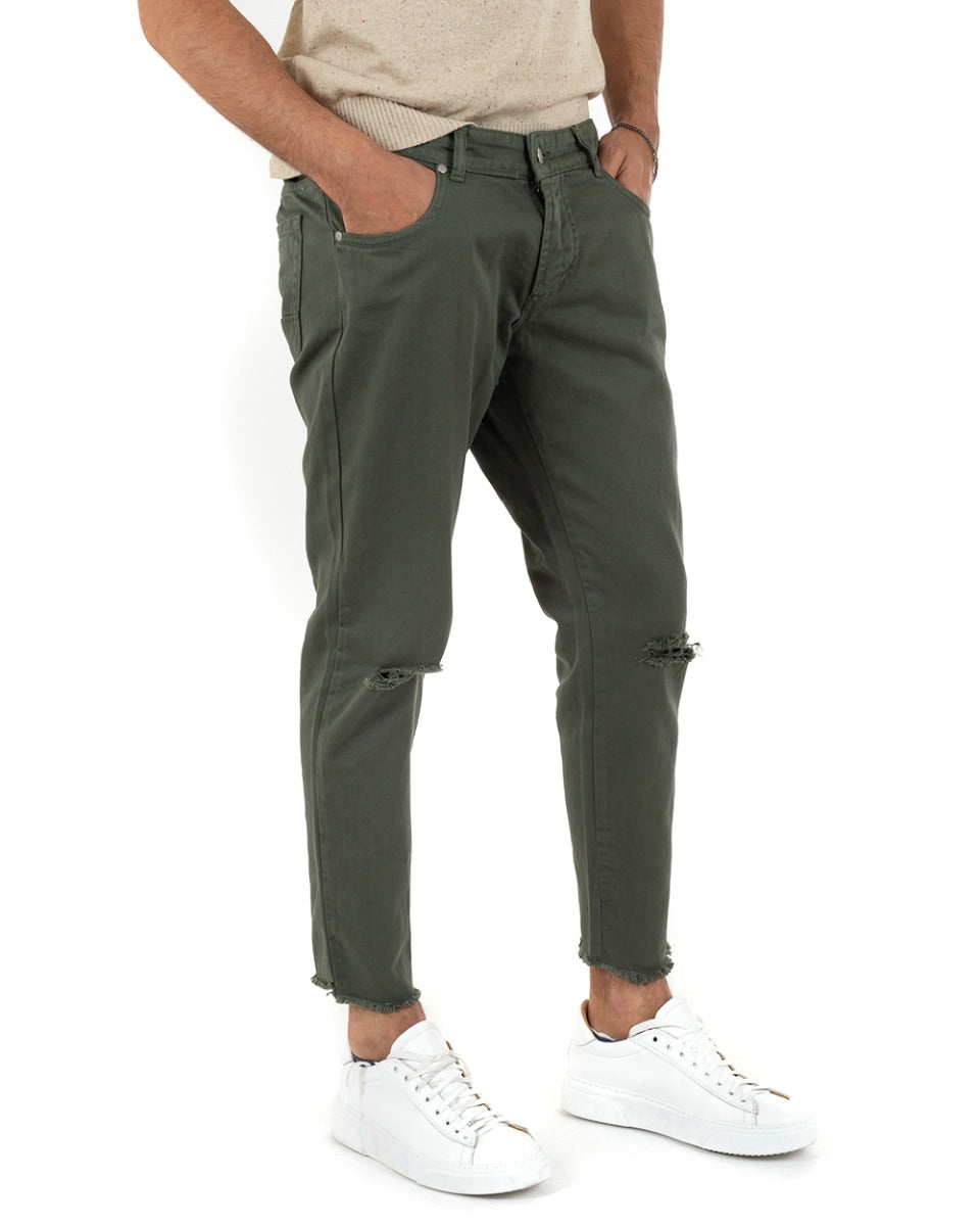 Pantaloni Jeans Uomo Slim Fit Verde Basic Con Taglio Al Ginocchio Cinque Tasche Casual GIOSAL-P5181A