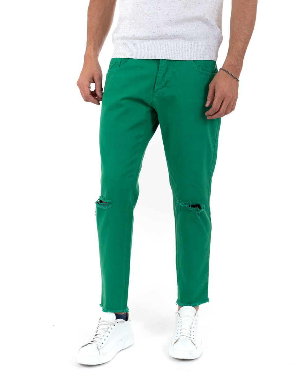 Pantaloni Jeans Uomo Slim Fit Verde Menta Basic Con Taglio Al Ginocchio Cinque Tasche Casual GIOSAL-P5182A