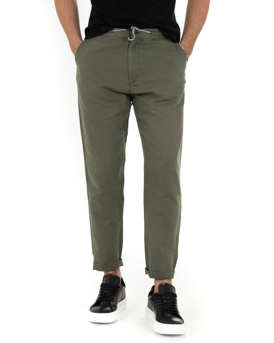 Pantaloni Uomo Lino Tinta Unita Verde Coulisse Tasca America Casual GIOSAL-P5224A