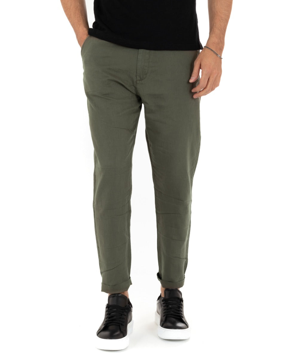 Pantaloni Uomo Lino Tinta Unita Verde Coulisse Tasca America Casual GIOSAL-P5224A