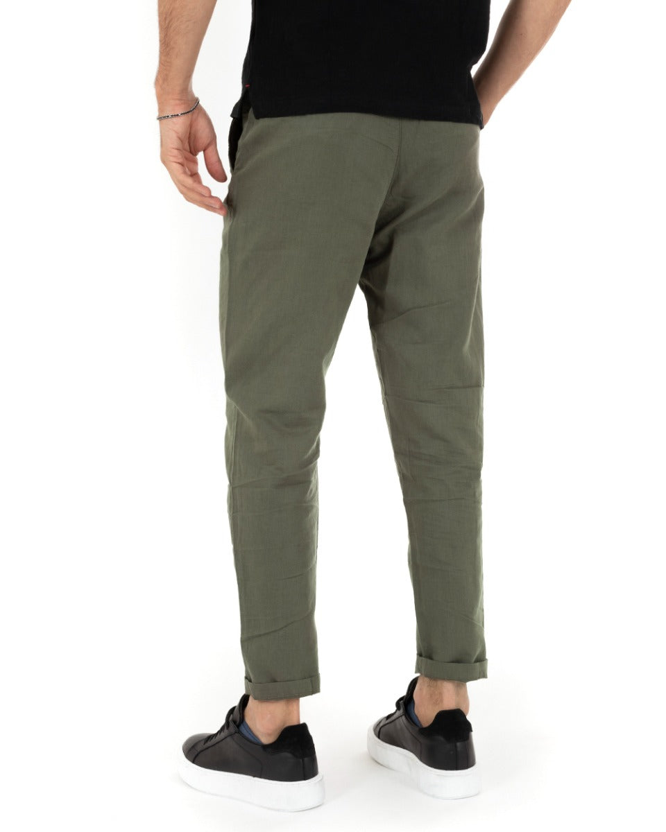 Pantaloni Uomo Lino Tinta Unita Verde Coulisse Tasca America Casual GIOSAL-P5224A