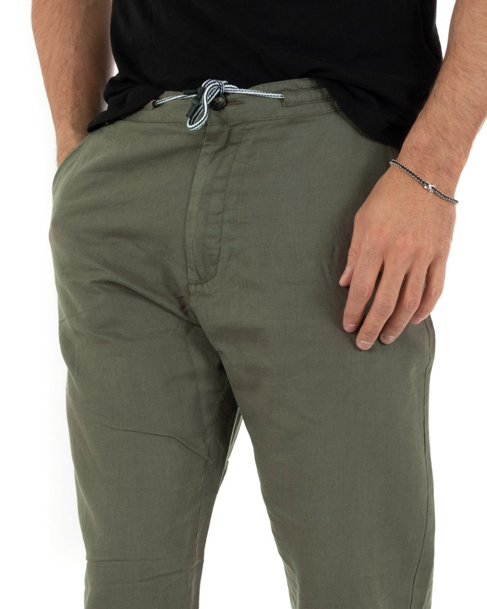 Pantaloni Uomo Lino Tinta Unita Verde Coulisse Tasca America Casual GIOSAL-P5224A