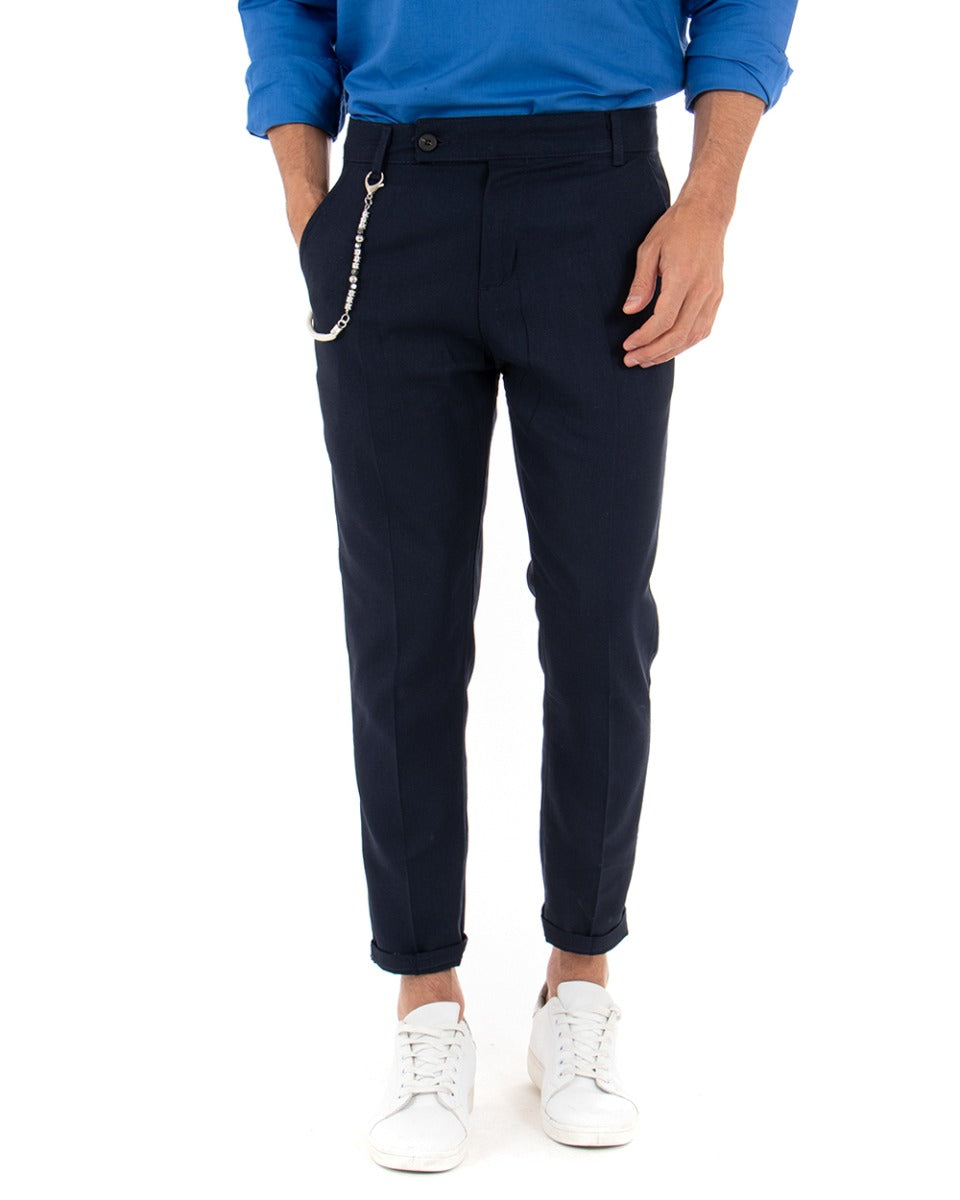 Pantaloni Uomo Lino Tasca America Abbottonatura Allungata Classico Elegante Blu GIOSAL-P5257A