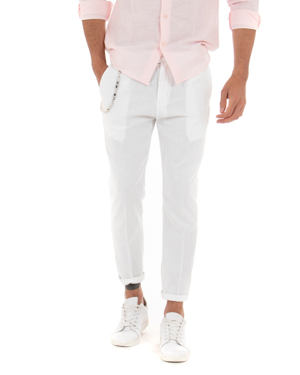 Pantaloni Uomo Lino Tasca America Abbottonatura Allungata Classico Elegante Bianco GIOSAL-P5260A