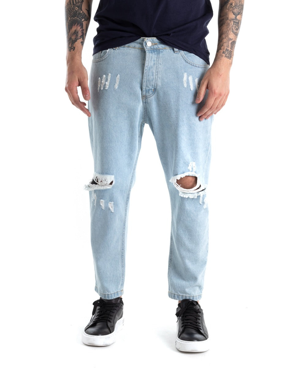 Pantaloni Jeans Uomo Loose Fit Denim Chiaro Con Rotture Cinque Tasche Casual GIOSAL-P5276A