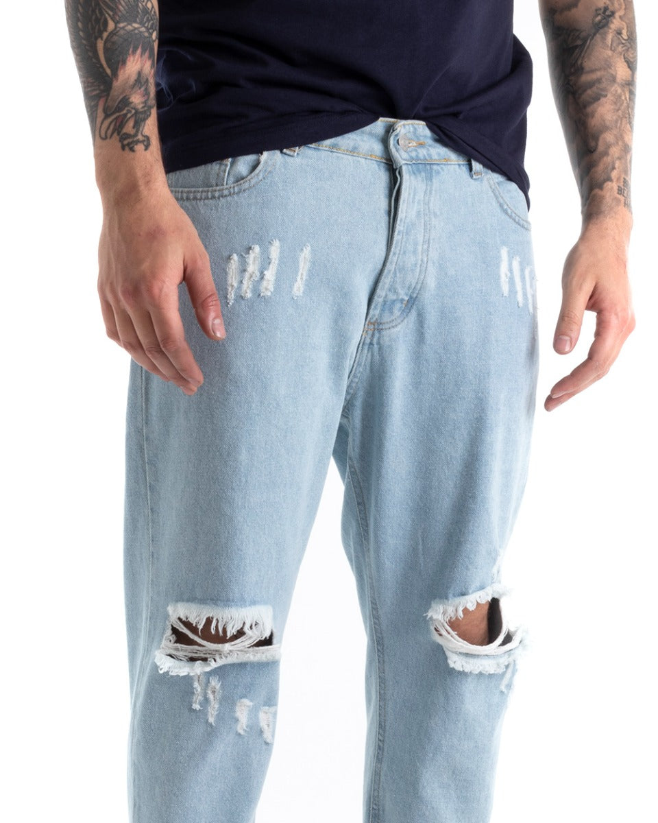 Pantaloni Jeans Uomo Loose Fit Denim Chiaro Con Rotture Cinque Tasche Casual GIOSAL-P5276A