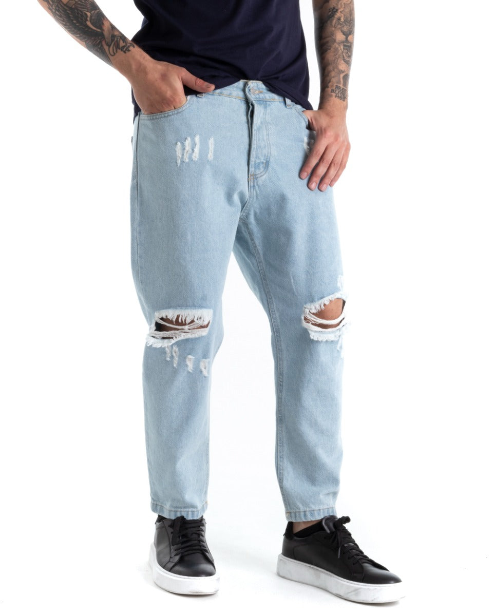 Pantaloni Jeans Uomo Loose Fit Denim Chiaro Con Rotture Cinque Tasche Casual GIOSAL-P5276A