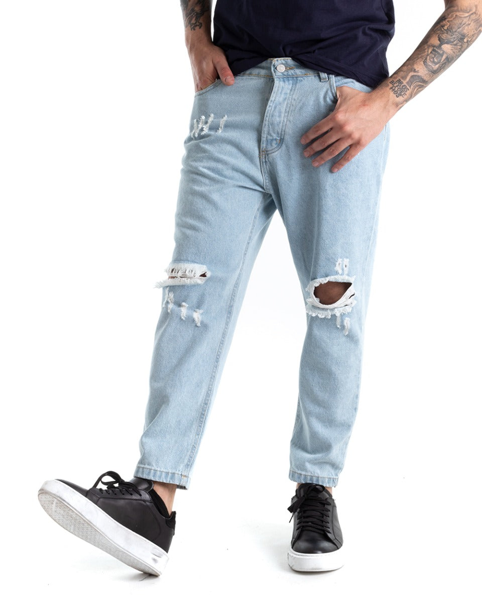 Pantaloni Jeans Uomo Loose Fit Denim Chiaro Con Rotture Cinque Tasche Casual GIOSAL-P5276A