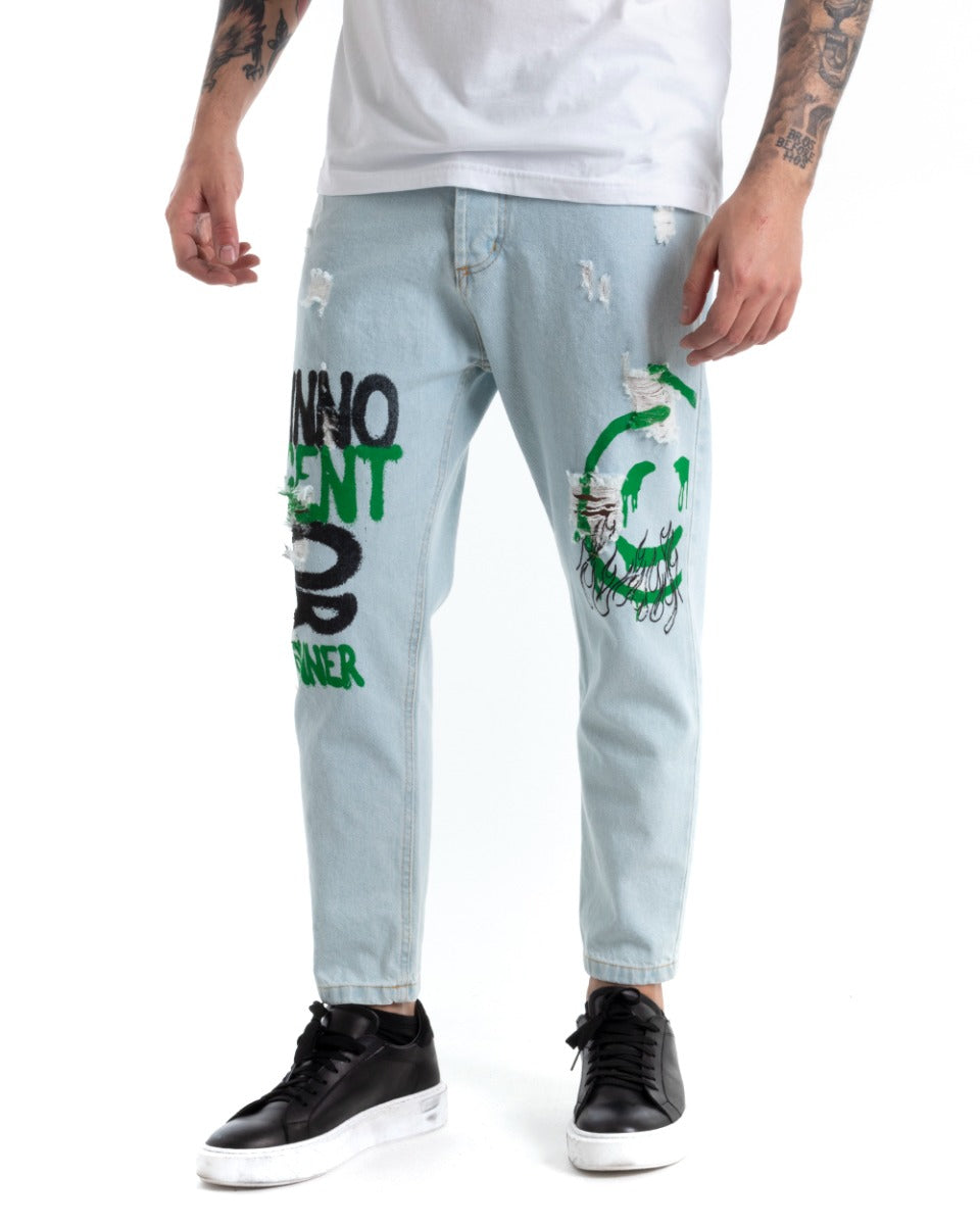 Pantaloni Jeans Uomo Regular Fit Denim Chiaro Con Stampe Cinque Tasche GIOSAL-P5292A