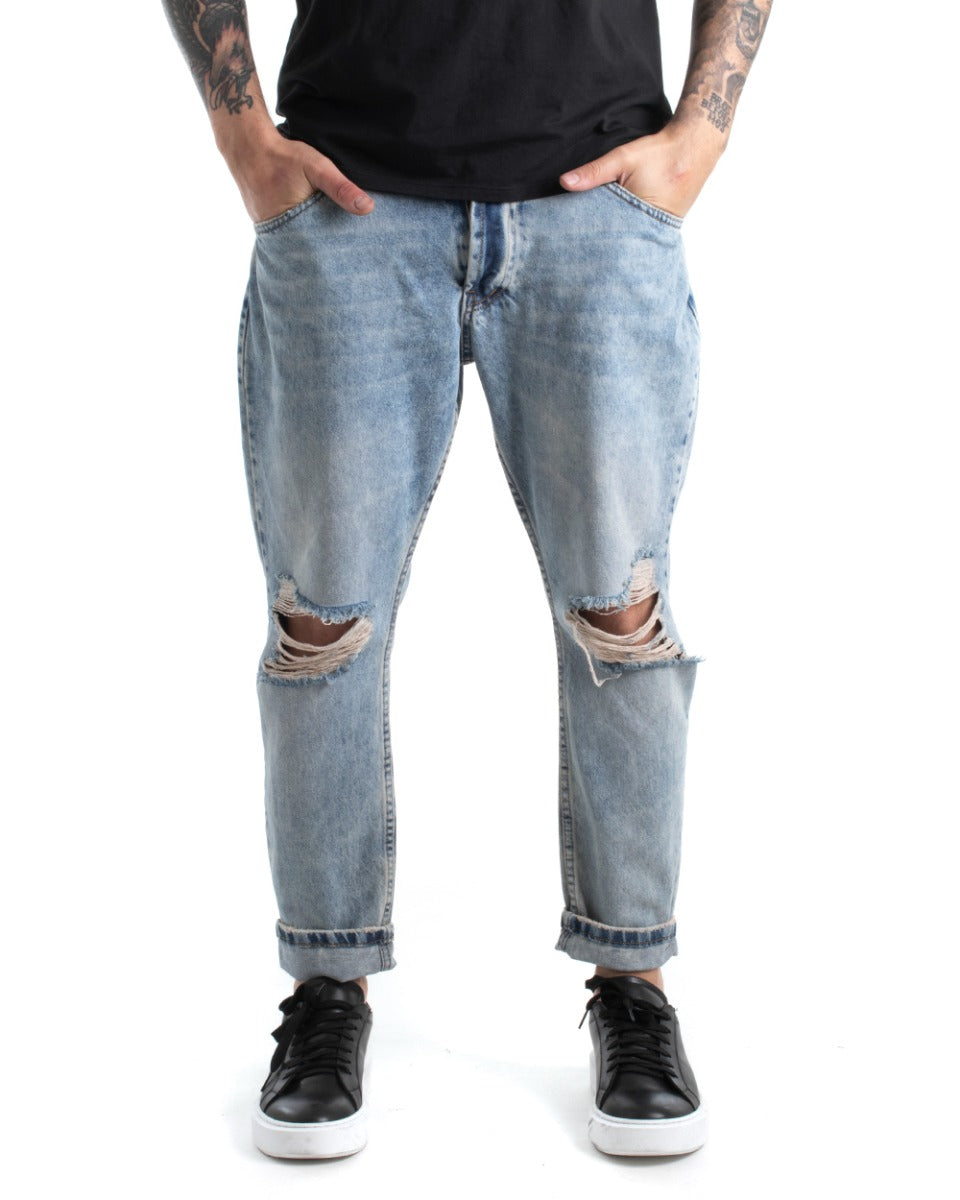 Pantaloni Jeans Uomo Loose Fit Denim Sabbiato Con Rotture Casual GIOSAL-P5307A