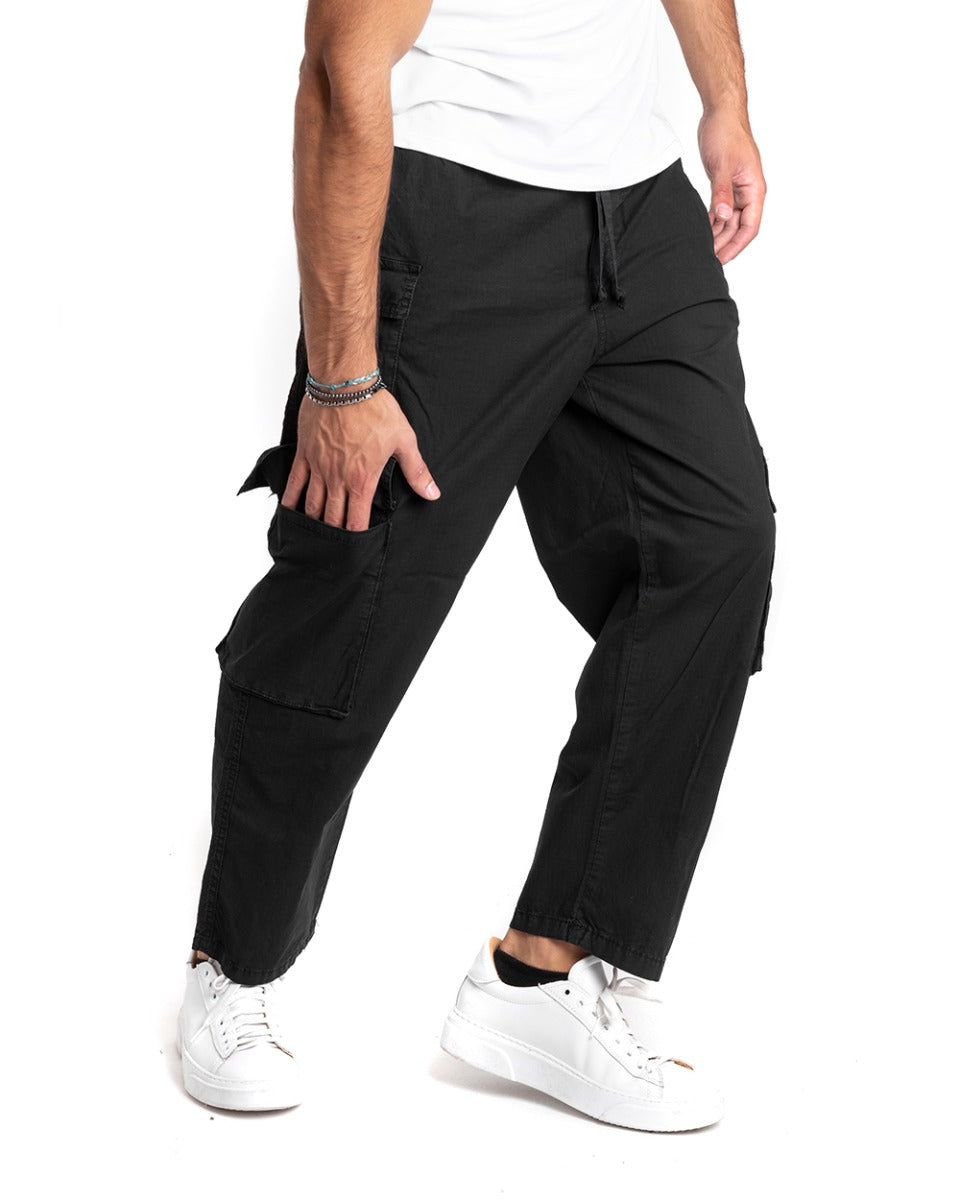 Pantaloni Uomo Cargo Tasconi Comodo Coulisse Tinta Unita Nero GIOSAL-P5345A