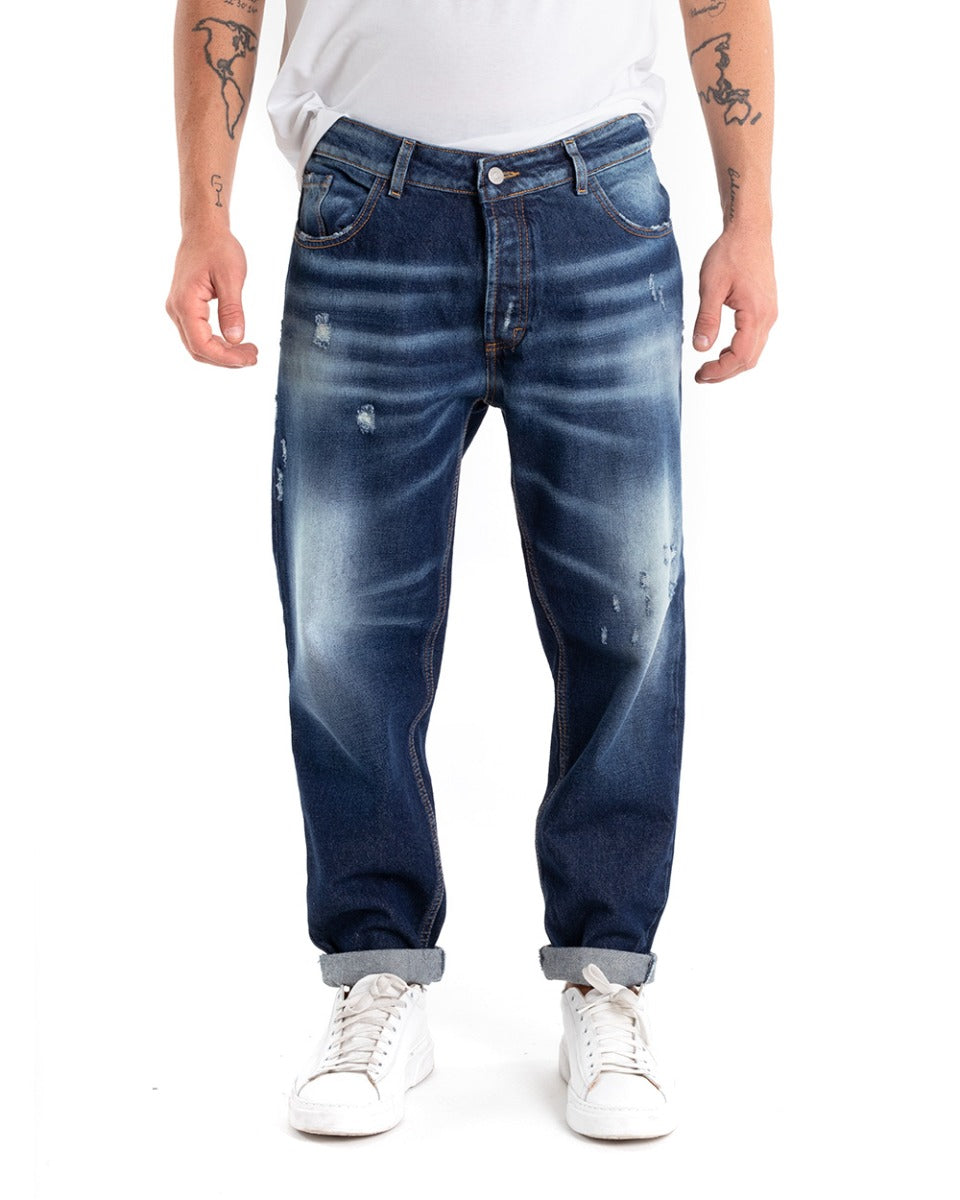 Pantaloni Jeans Uomo Loose Fit Denim Scuro Con Rotture Stone Washed GIOSAL-P5446A