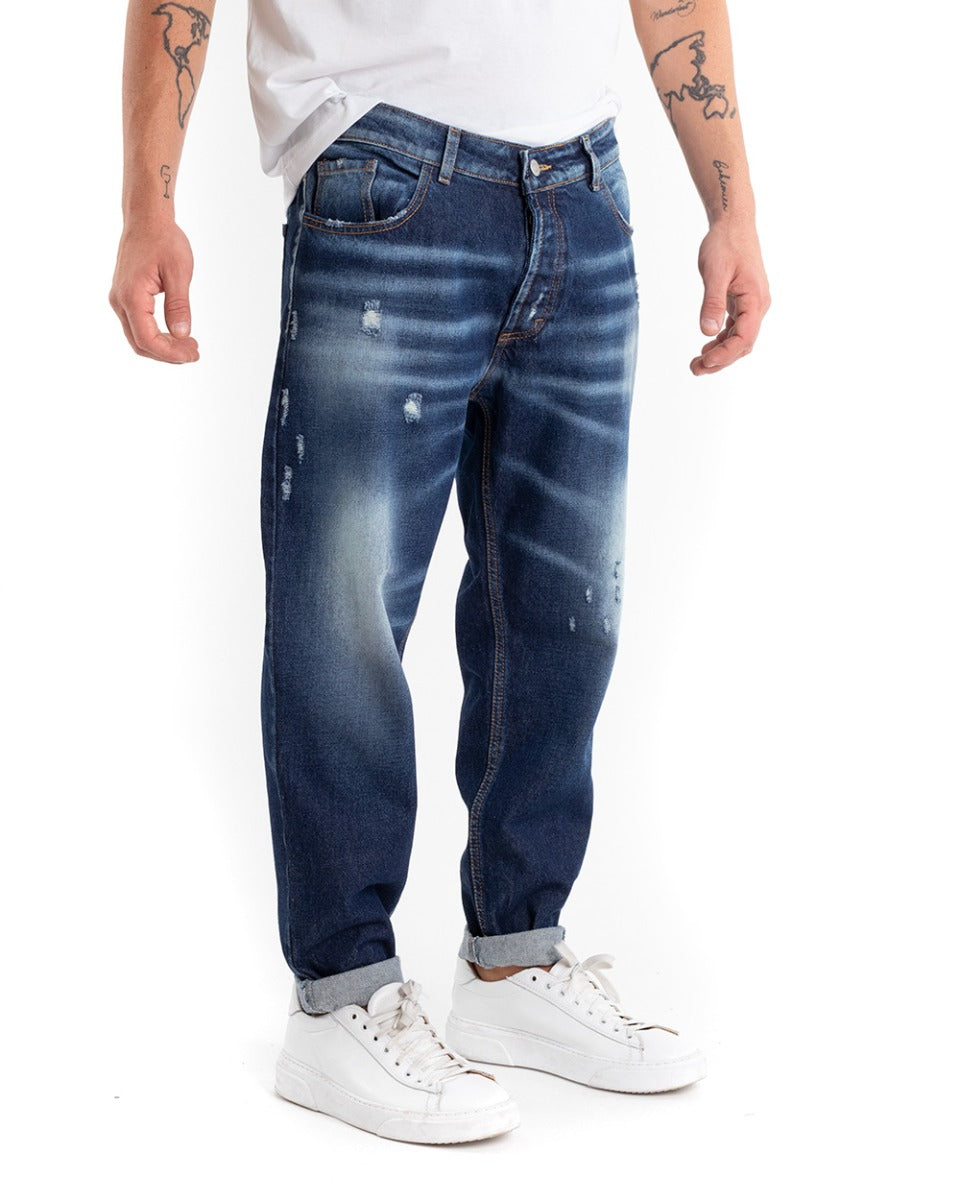 Pantaloni Jeans Uomo Loose Fit Denim Scuro Con Rotture Stone Washed GIOSAL-P5446A