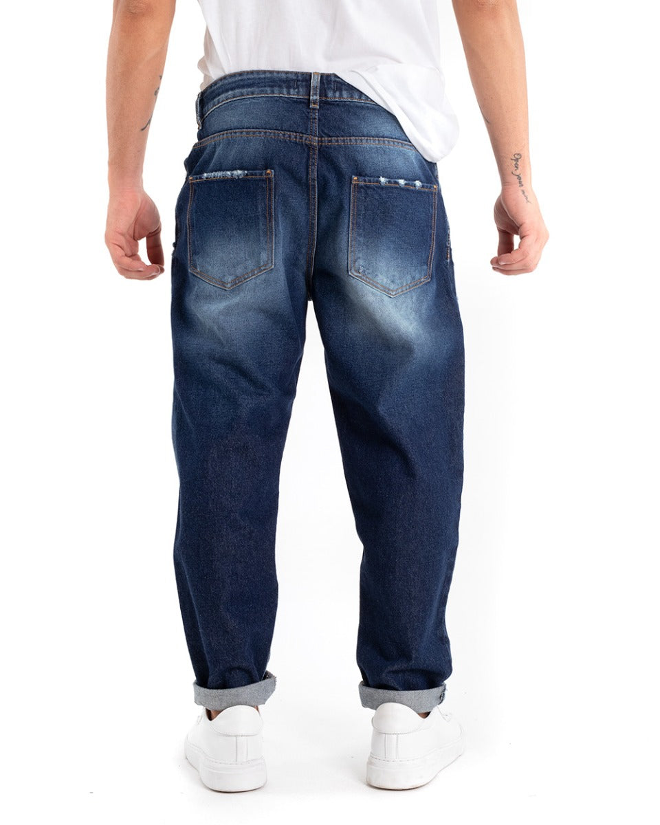 Pantaloni Jeans Uomo Loose Fit Denim Scuro Con Rotture Stone Washed GIOSAL-P5446A