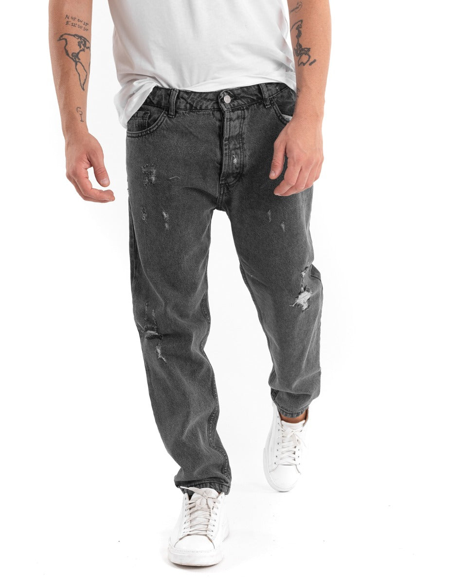 Pantaloni Jeans Uomo Loose Fit Nero Denim Con Rotture Cinque Tasche GIOSAL-P5451A