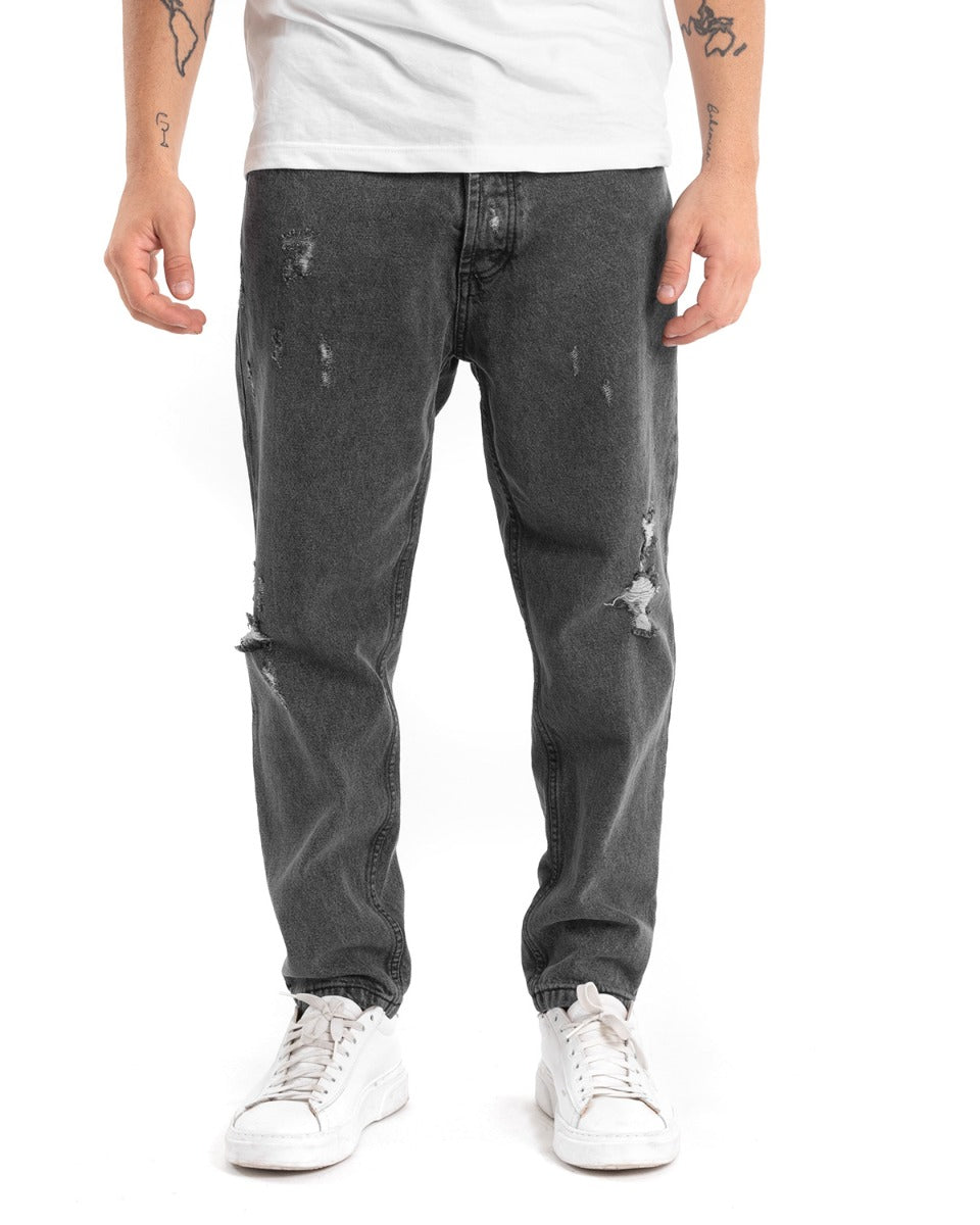 Pantaloni Jeans Uomo Loose Fit Nero Denim Con Rotture Cinque Tasche GIOSAL-P5451A