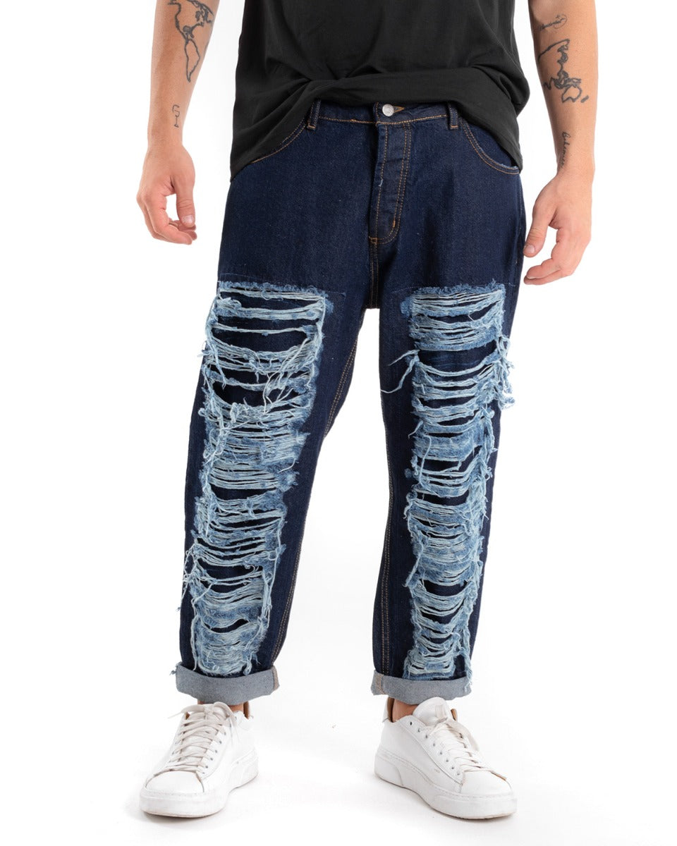Pantaloni Jeans Uomo Denim Scuro Con Rotture Baggy Ripped Cinque Tasche GIOSAL-P5452A
