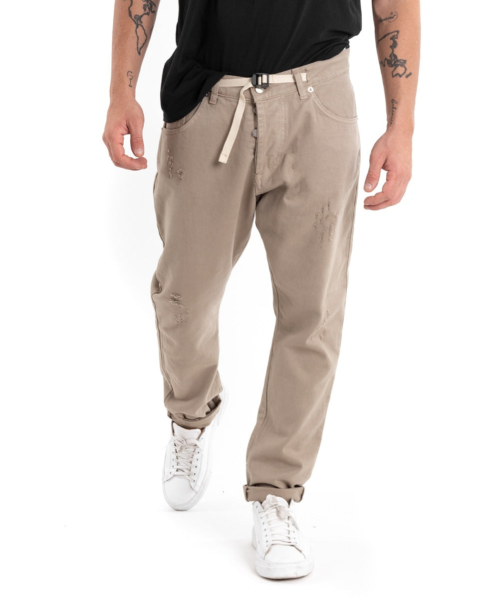 Pantaloni Jeans Con Rotture Uomo Loose Fit Beige Cinque Tasche Casual GIOSAL-P5461A