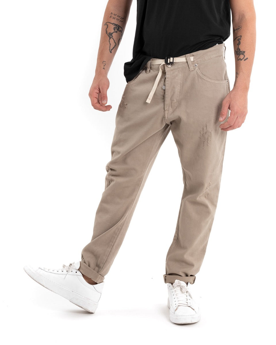 Pantaloni Jeans Con Rotture Uomo Loose Fit Beige Cinque Tasche Casual GIOSAL-P5461A