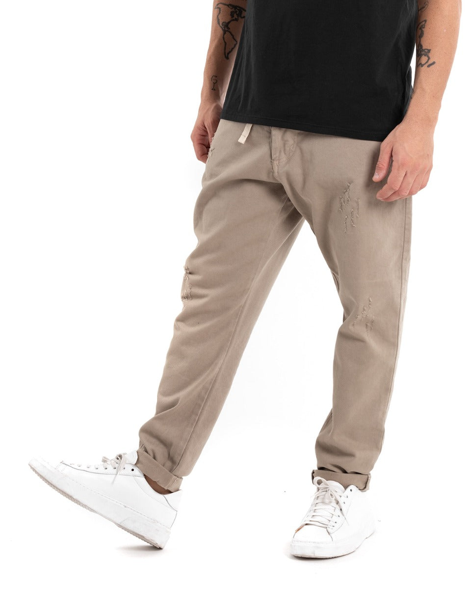 Pantaloni Jeans Con Rotture Uomo Loose Fit Beige Cinque Tasche Casual GIOSAL-P5461A