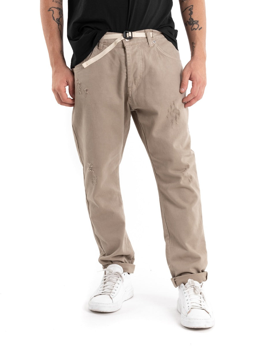 Pantaloni Jeans Con Rotture Uomo Loose Fit Beige Cinque Tasche Casual GIOSAL-P5461A