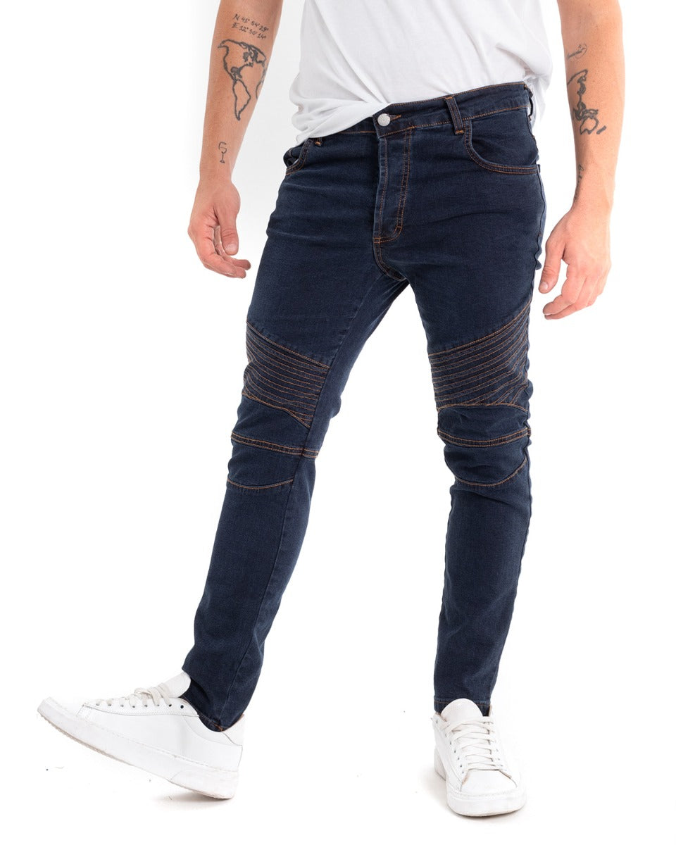 Pantaloni Jeans Uomo Slim Fit Biker Denim Scuro Cinque Tasche Casual GIOSAL-P5470A