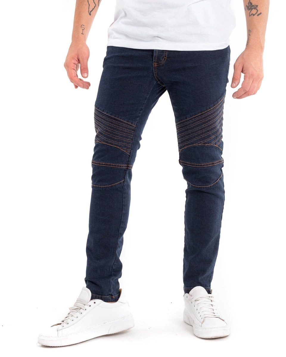 Pantaloni Jeans Uomo Slim Fit Biker Denim Scuro Cinque Tasche Casual GIOSAL-P5470A