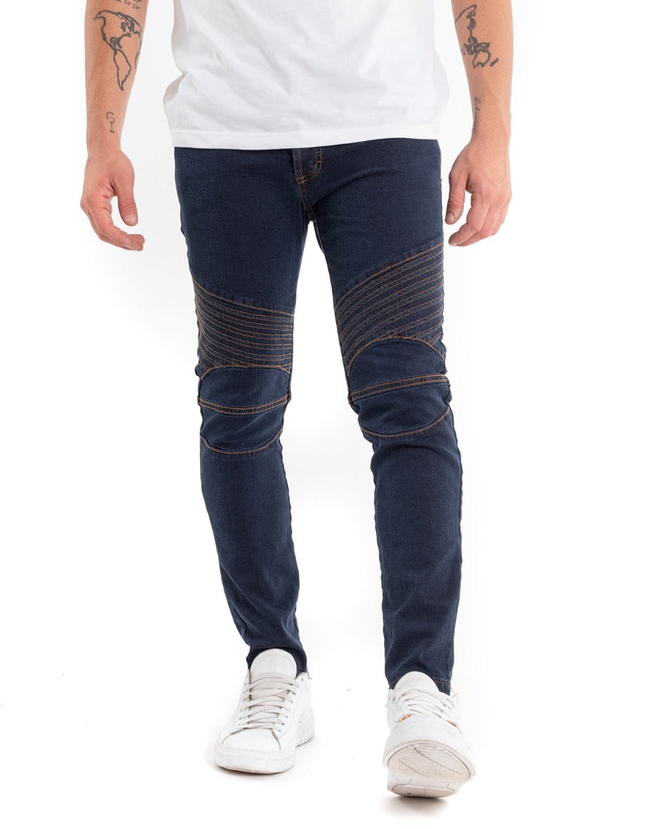 Pantaloni Jeans Uomo Slim Fit Biker Denim Scuro Cinque Tasche Casual GIOSAL-P5470A