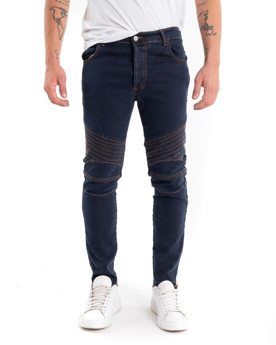 Pantaloni Jeans Uomo Slim Fit Biker Denim Scuro Cinque Tasche Casual GIOSAL-P5470A