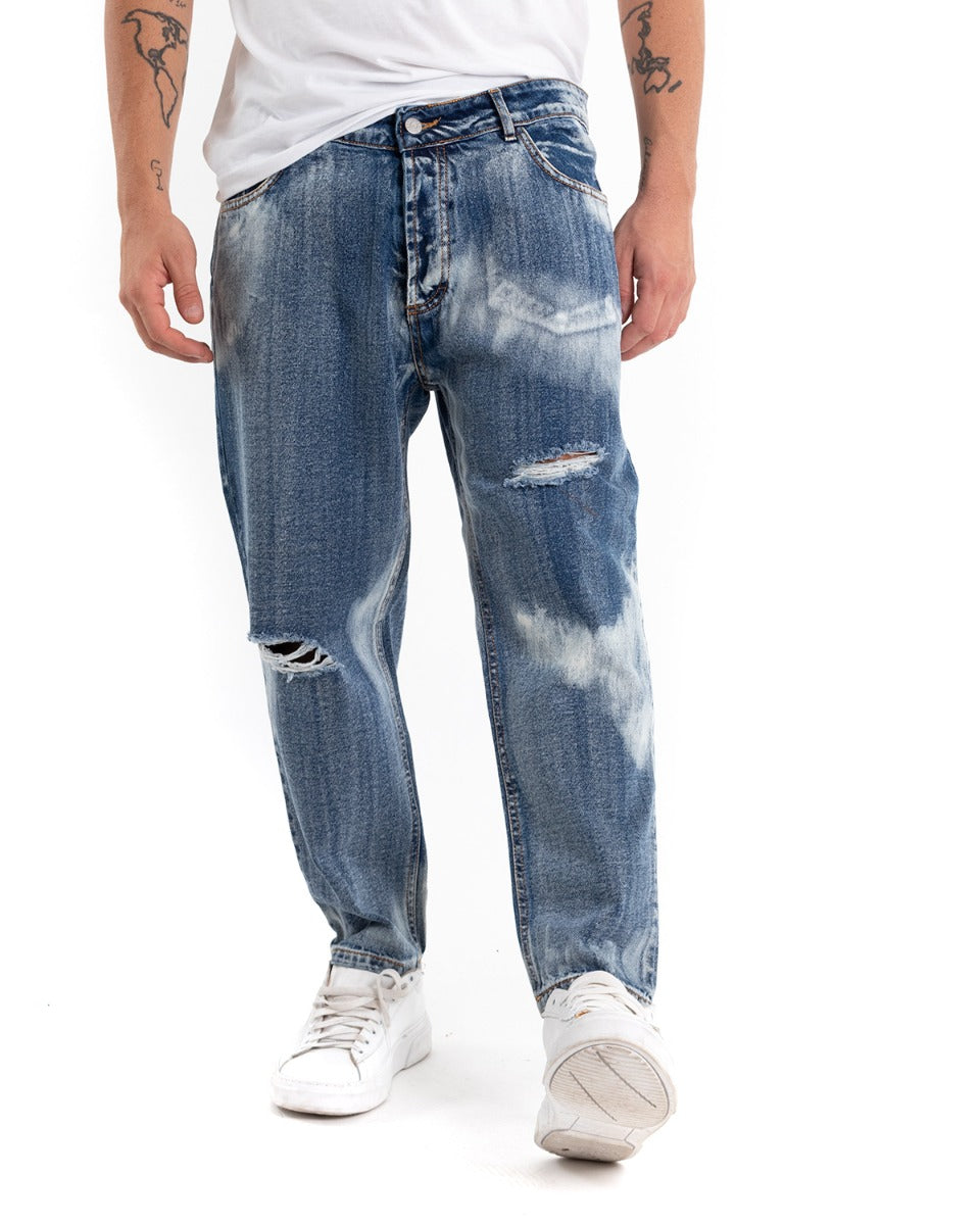 Pantaloni Jeans Uomo Loose Fit Classico Cinque Tasche Con Rotture Stone Washed Casual Denim Sfumato GIOSAL-P5472A