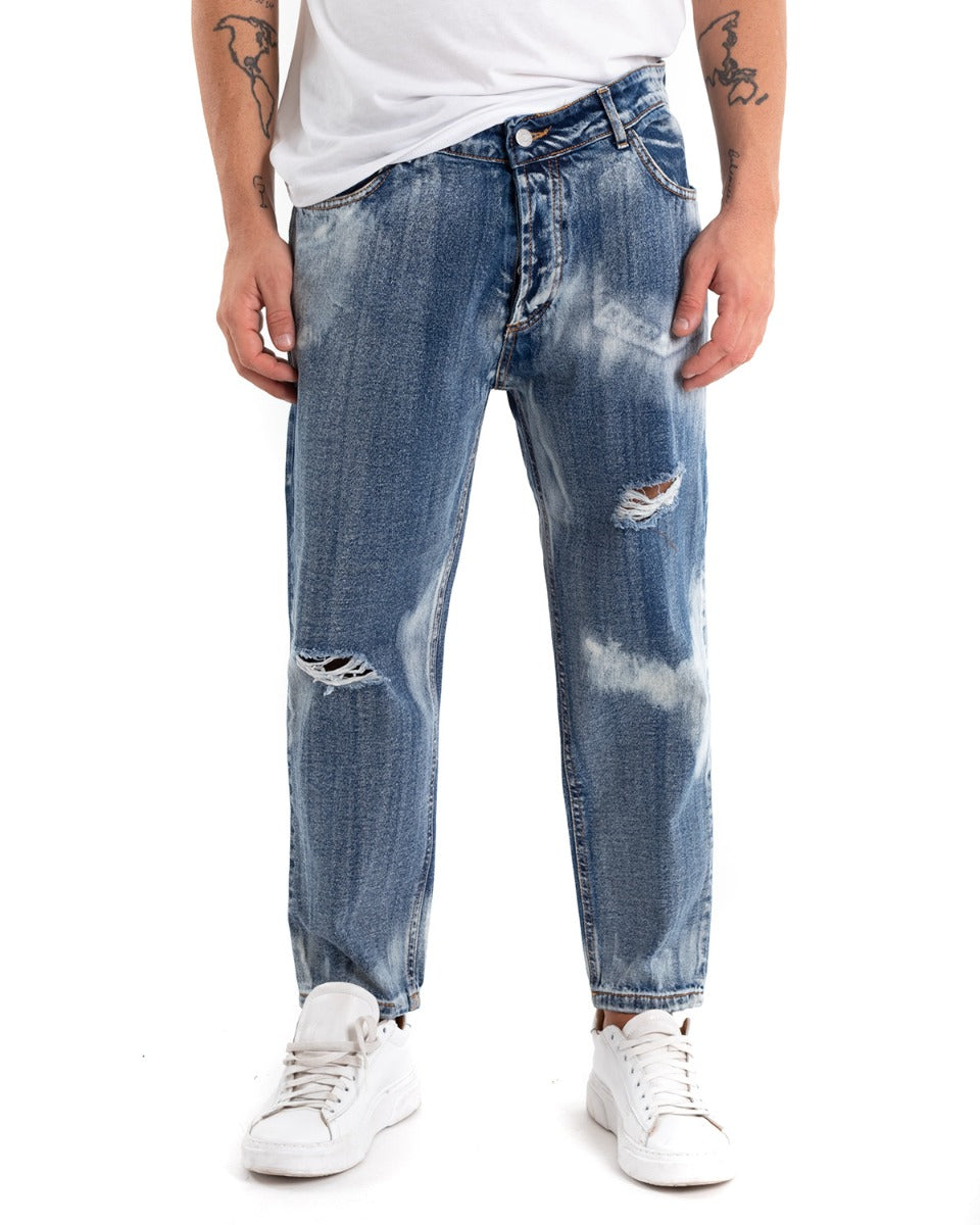 Pantaloni Jeans Uomo Loose Fit Classico Cinque Tasche Con Rotture Stone Washed Casual Denim Sfumato GIOSAL-P5472A