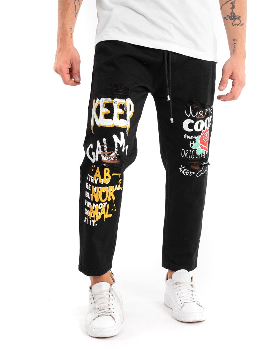 Pantaloni Jeans Uomo Regular Fit Nero Pantalaccio Con Rotture Stampa Casual GIOSAL-P5488A