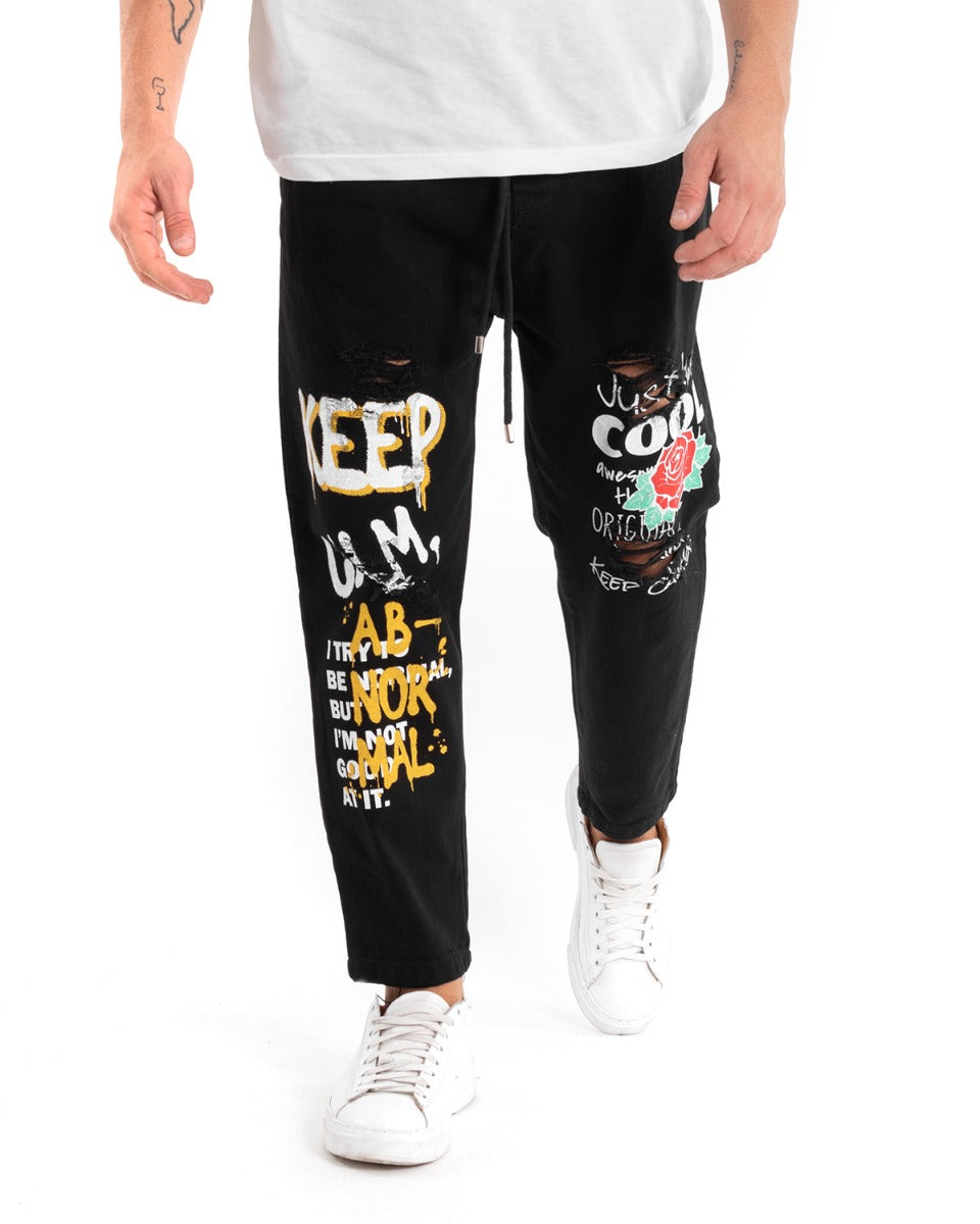 Pantaloni Jeans Uomo Regular Fit Nero Pantalaccio Con Rotture Stampa Casual GIOSAL-P5488A