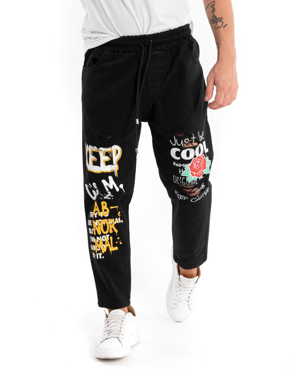 Pantaloni Jeans Uomo Regular Fit Nero Pantalaccio Con Rotture Stampa Casual GIOSAL-P5488A