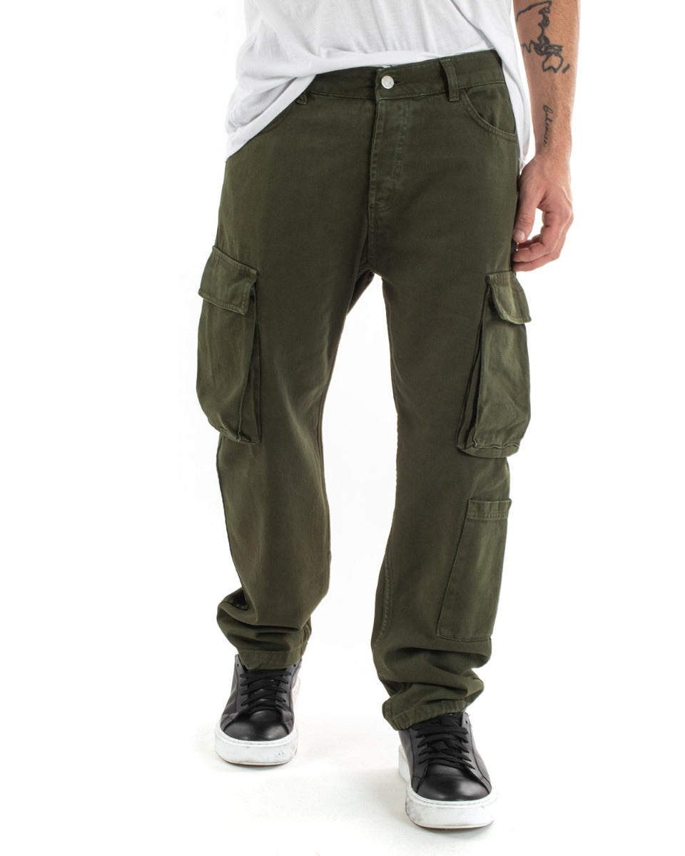 Pantaloni Jeans Uomo Straight Fit Cargo Verde Cinque Tasche Casual GIOSAL-P5548A