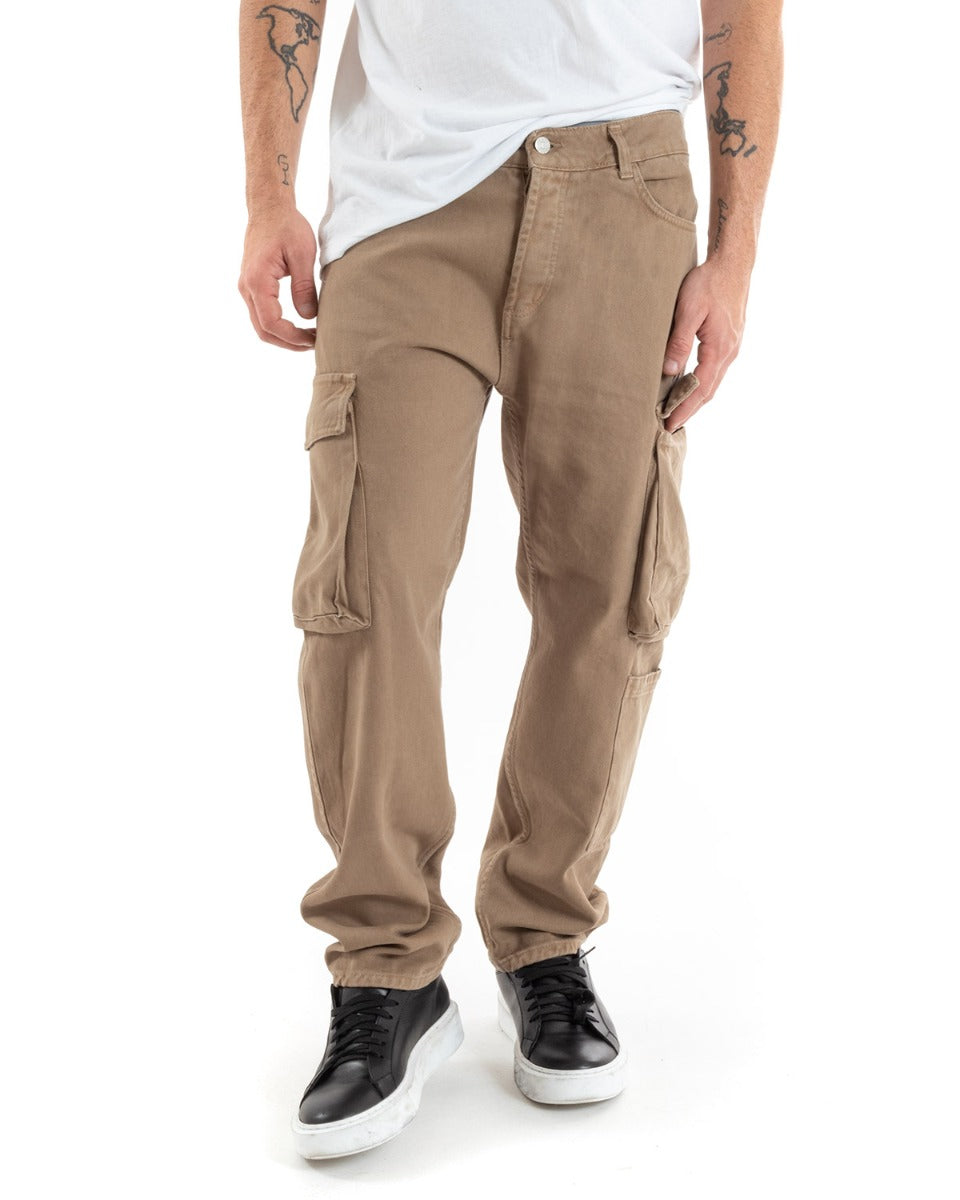 Pantaloni Jeans Uomo Straight Fit Cargo Camel Cinque Tasche Casual GIOSAL-P5550A