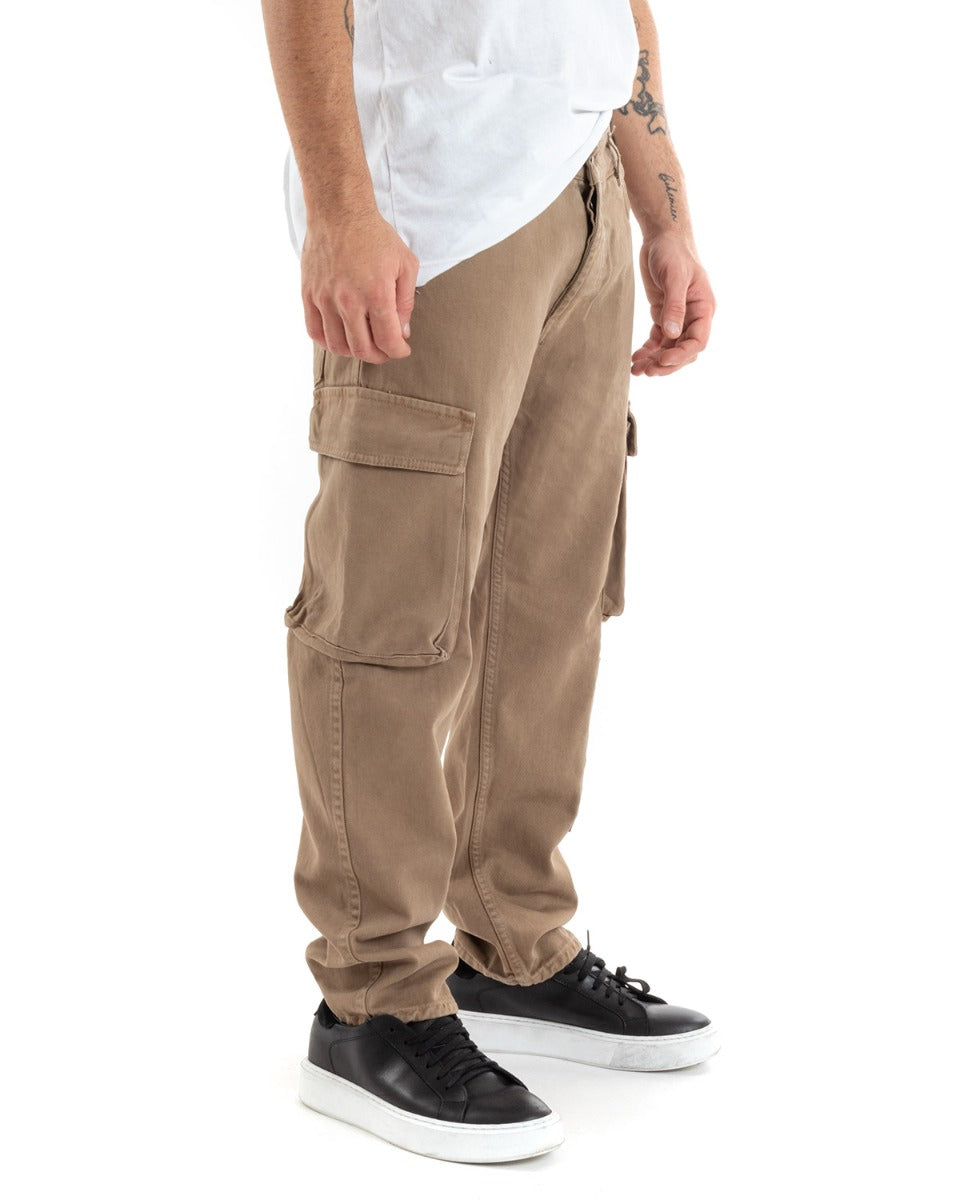 Pantaloni Jeans Uomo Straight Fit Cargo Camel Cinque Tasche Casual GIOSAL-P5550A