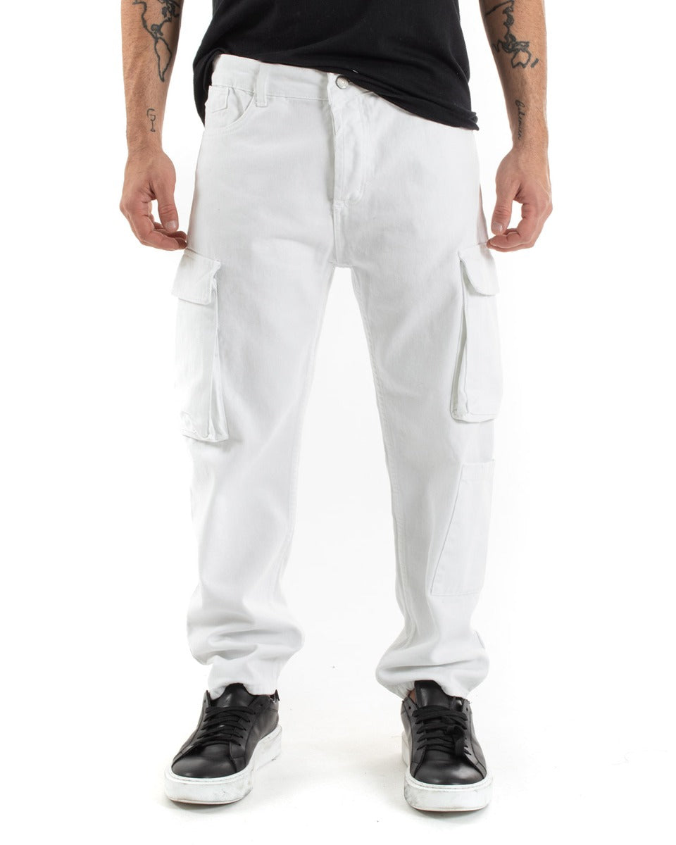 Pantaloni Jeans Uomo Straight Fit Cargo Bianco Cinque Tasche Casual GIOSAL-P5551A