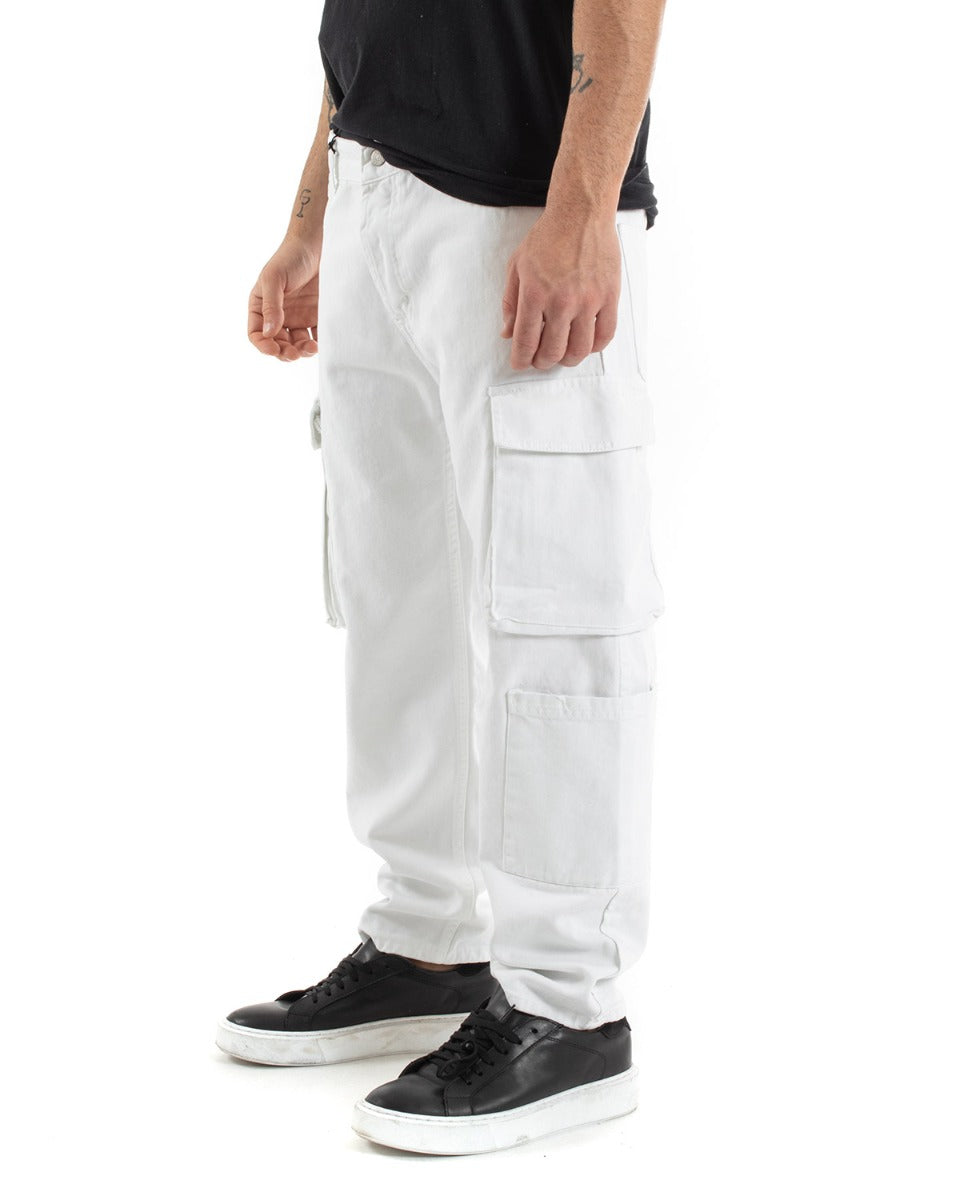 Pantaloni Jeans Uomo Straight Fit Cargo Bianco Cinque Tasche Casual GIOSAL-P5551A